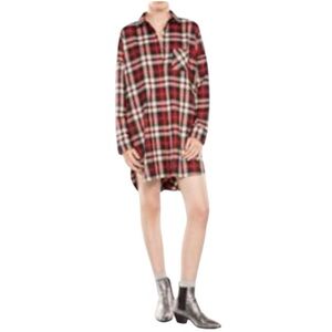 Maje Red Plaid Long Sleeve Shirt Dress
